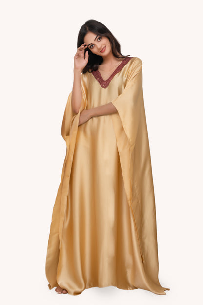 Aura Silk Kaftan-2 Detailed with Crochet Lace kaftan Night Wear/loungewear