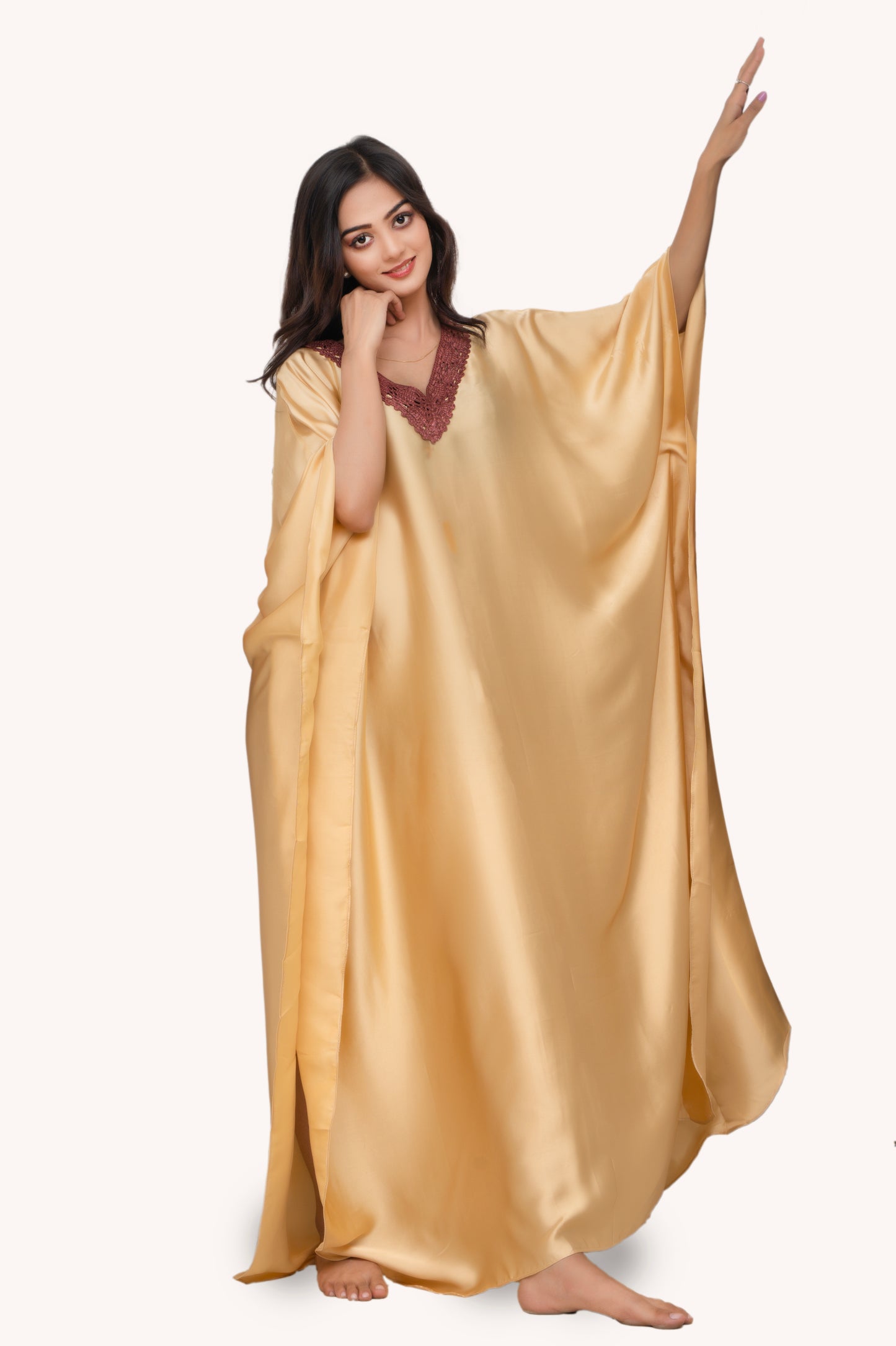 Aura Silk Kaftan-2 Detailed with Crochet Lace kaftan Night Wear/loungewear