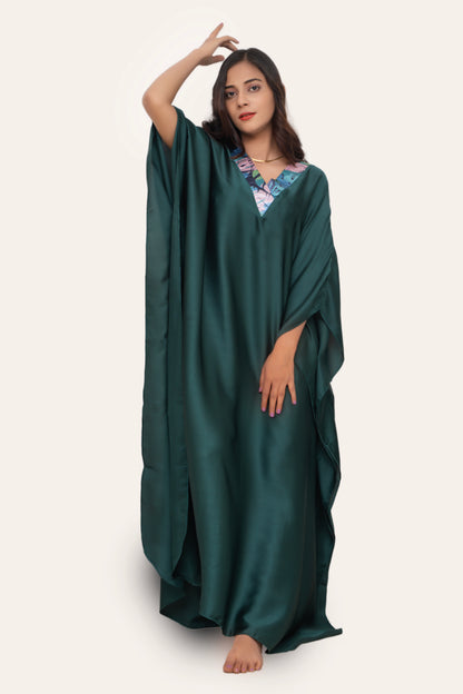 Aura Silk Kaftan-2 Detailed with Crochet Lace kaftan Night Wear/loungewear