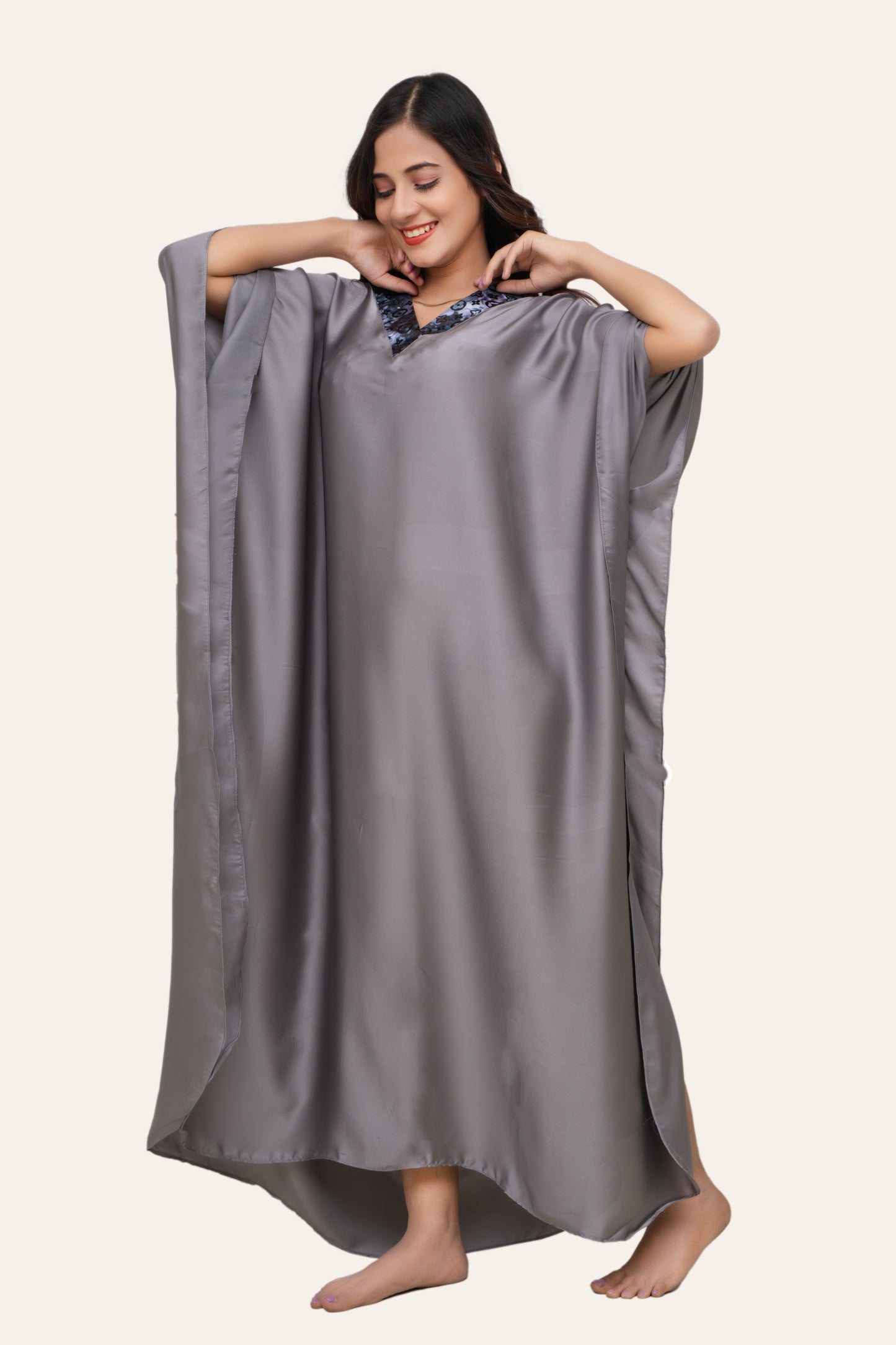 Aura Silk Kaftan-2 Detailed with Crochet Lace kaftan Night Wear/loungewear