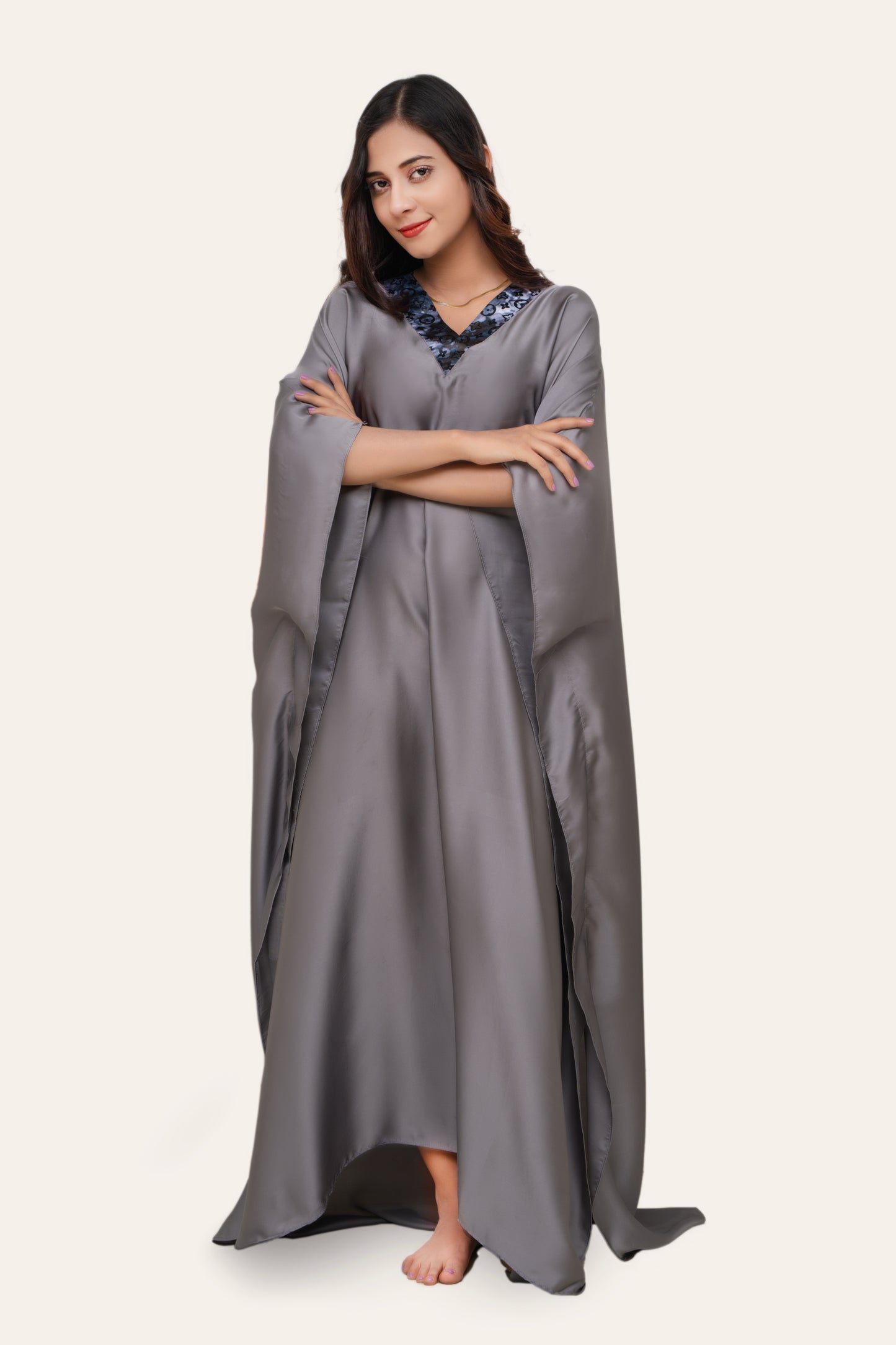 Aura Silk Kaftan-2 Detailed with Crochet Lace kaftan Night Wear/loungewear