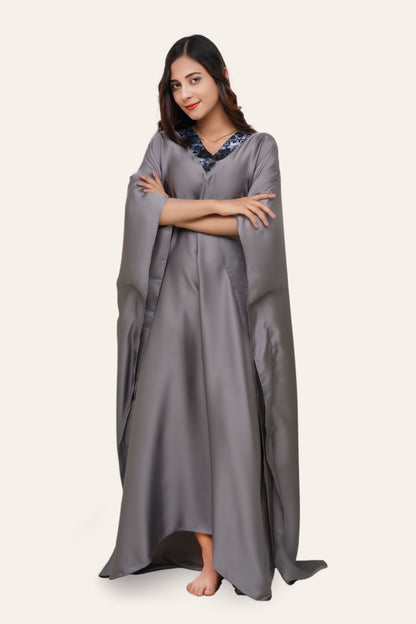 Aura Silk Kaftan-2 Detailed with Crochet Lace kaftan Night Wear/loungewear