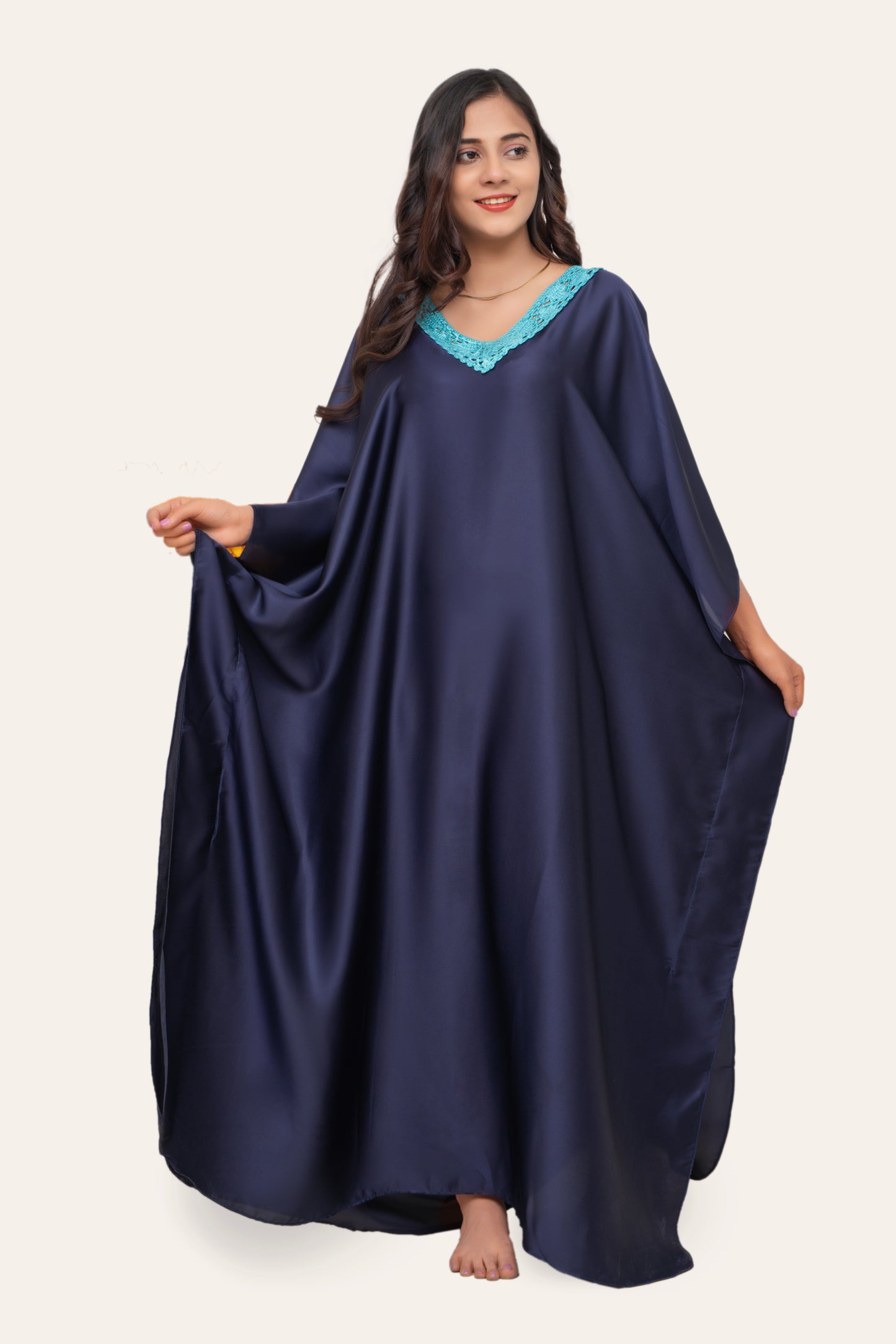 Aura Silk Kaftan-2 Detailed with Crochet Lace kaftan Night Wear/loungewear