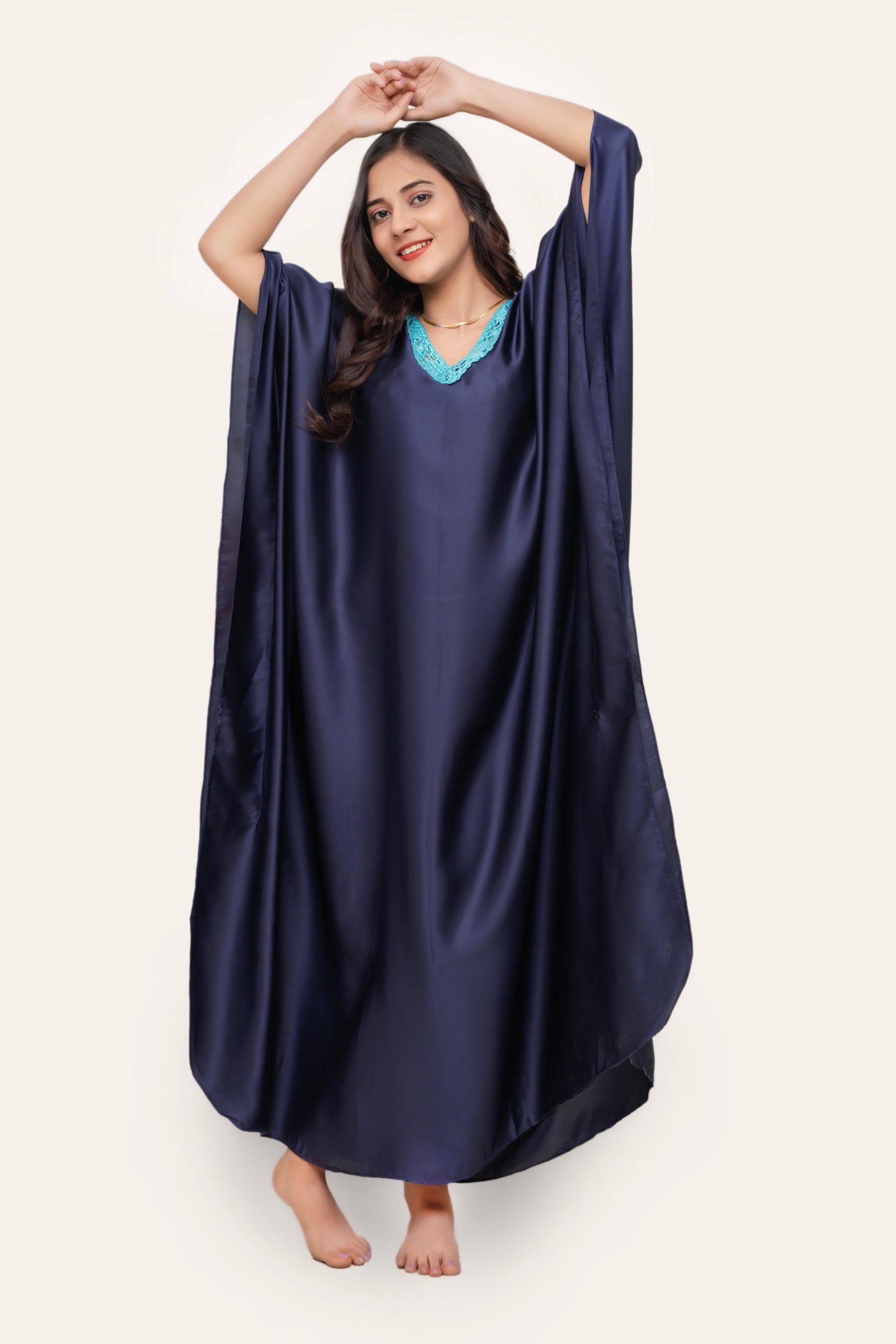 Aura Silk Kaftan-2 Detailed with Crochet Lace kaftan Night Wear/loungewear