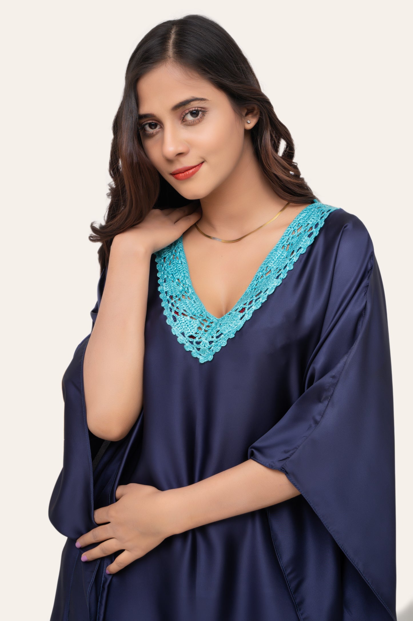 Aura Silk Kaftan-2 Detailed with Crochet Lace kaftan Night Wear/loungewear
