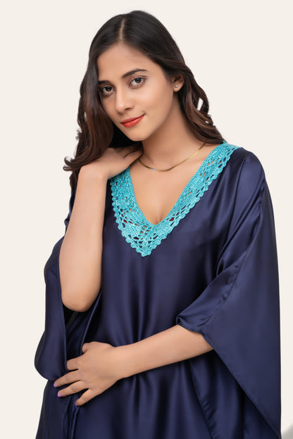 Aura Silk Kaftan-2 Detailed with Crochet Lace kaftan Night Wear/loungewear