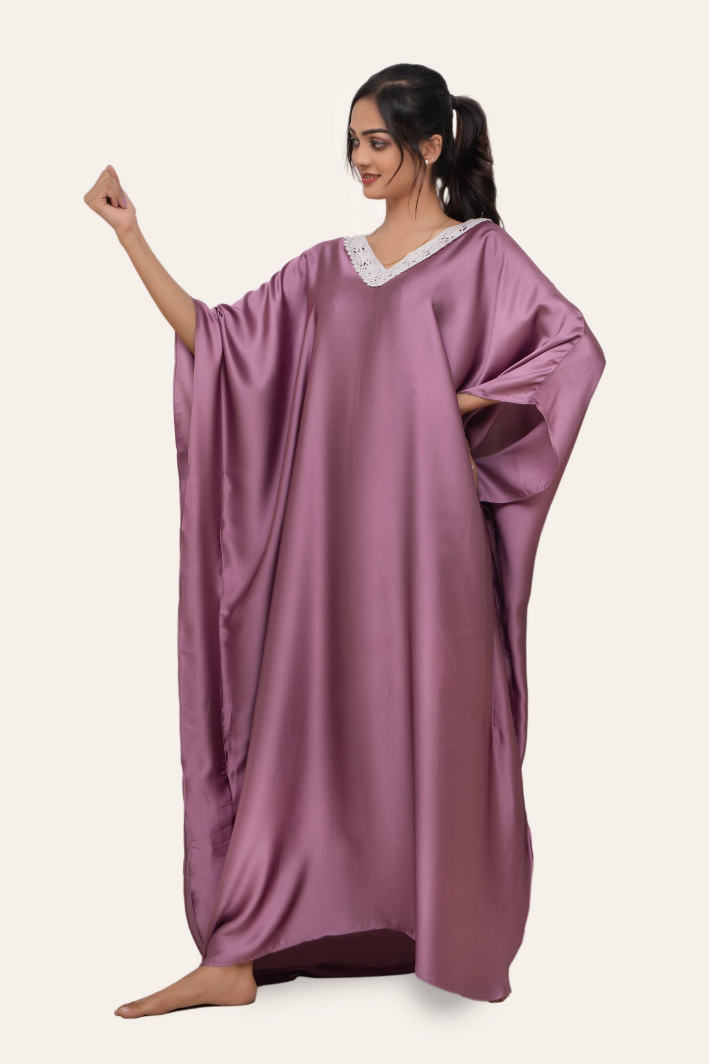 Aura Silk Kaftan-2 Detailed with Crochet Lace kaftan Night Wear/loungewear