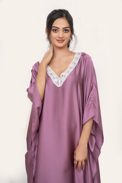 Aura Silk Kaftan-2 Detailed with Crochet Lace kaftan Night Wear/loungewear