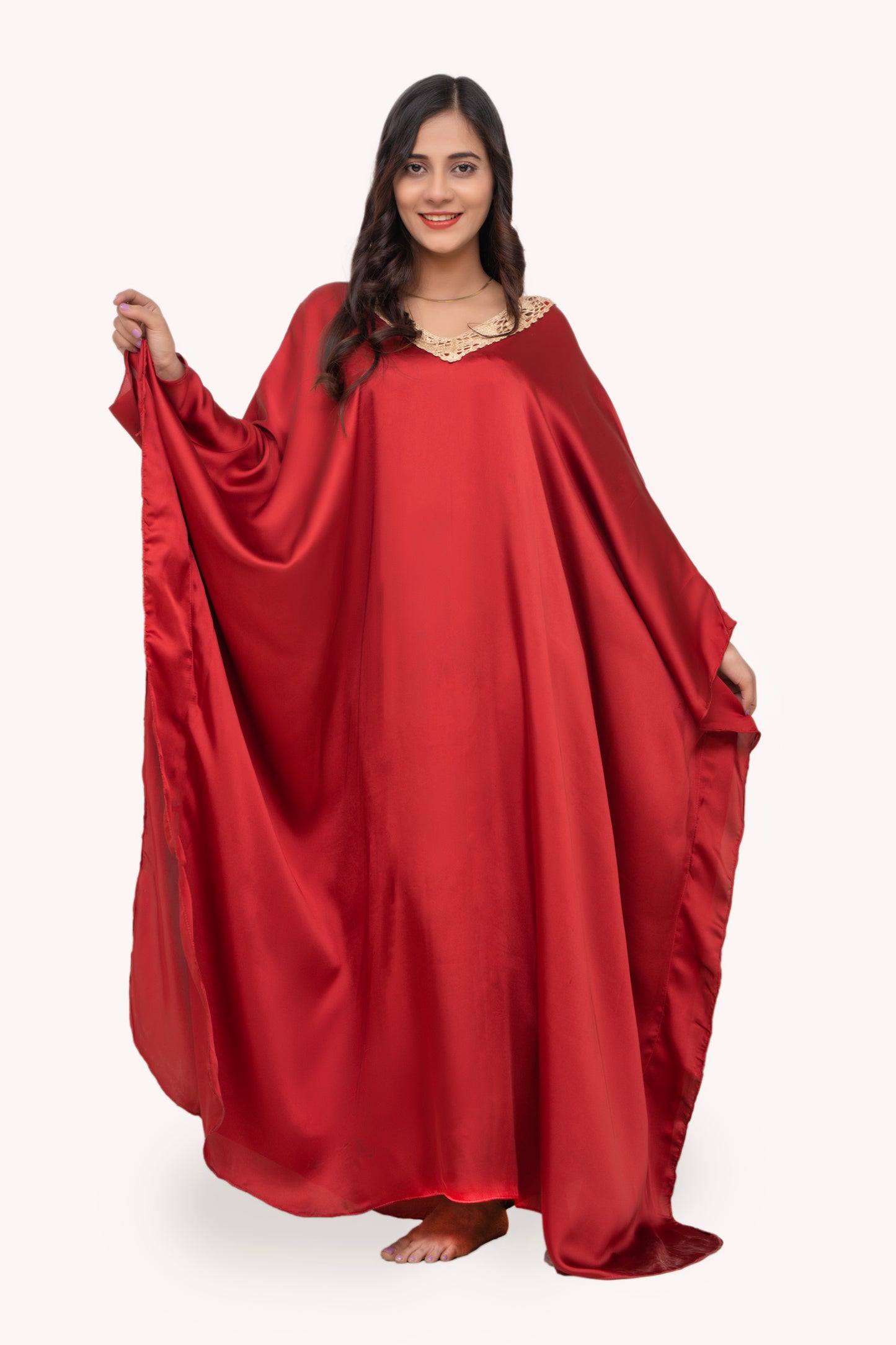 Aura Silk Kaftan-2 Detailed with Crochet Lace kaftan Night Wear/loungewear