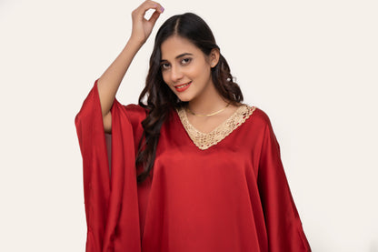Aura Silk Kaftan-2 Detailed with Crochet Lace kaftan Night Wear/loungewear
