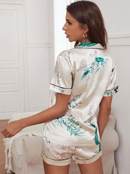 She's Inn Creations Floral Print Contrast Piping Pocket Front Satin Short Set women Night wear For Women Sleepwear For Girls