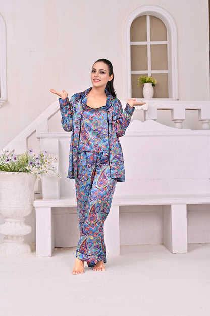 Eshaal Omani Dream Radiance – Elegant Silk Pajama Set Silky Finish Night Dress For Women and Girls 7 Piece Night Wear Women's Pajama Sets