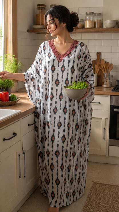 Aura Silk Kaftan — Detailed with Crochet Lace kaftan Night Wear/loungewear