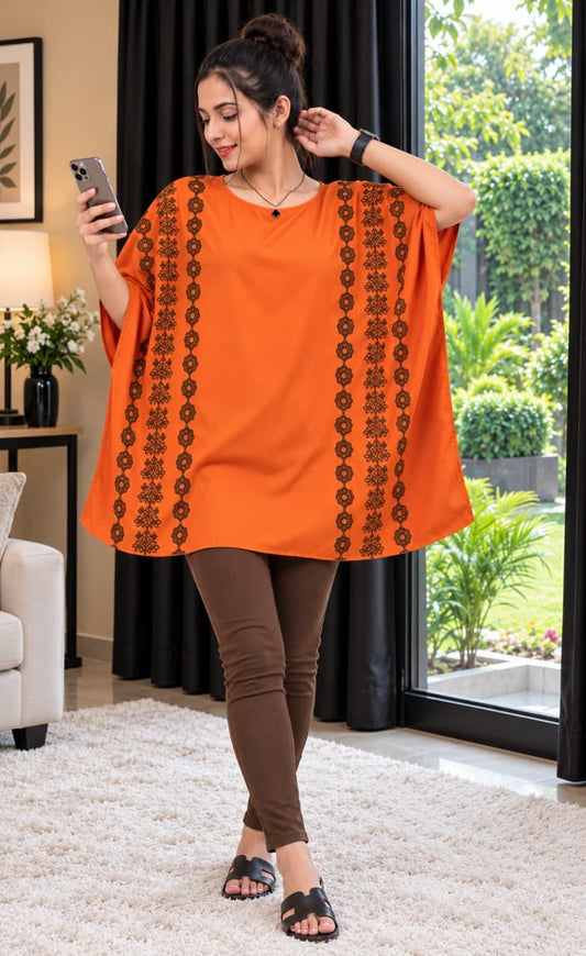 Valerie Orange Floral Embroidered Poncho Top
