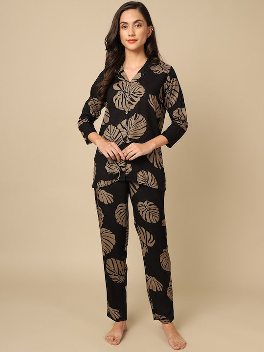 Layla Amal Trendy Essentials Poly Viscose black & Brown Printed Night Suit ARJ-PJ-01-BK-LEAF