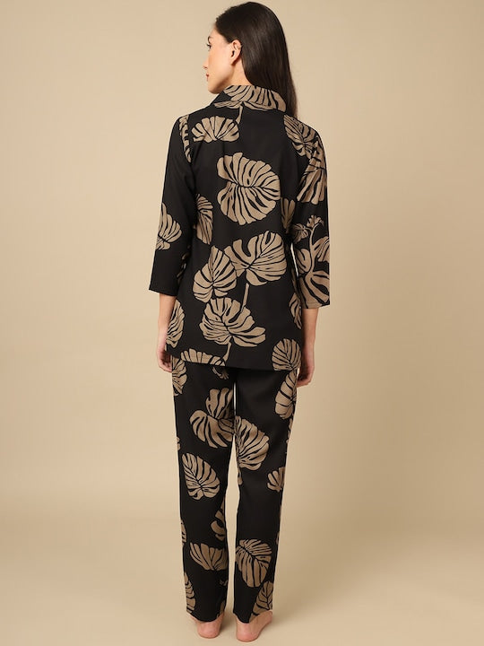 Layla Amal Trendy Essentials Poly Viscose black & Brown Printed Night Suit ARJ-PJ-01-BK-LEAF