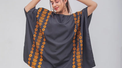 Valerie Black Floral Brown Embroidered Poncho Top
