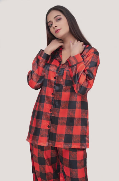 Bibiana Silk Session-2 Silky Satin Red & Black Checkered Contract Pippin Satin PJ Set