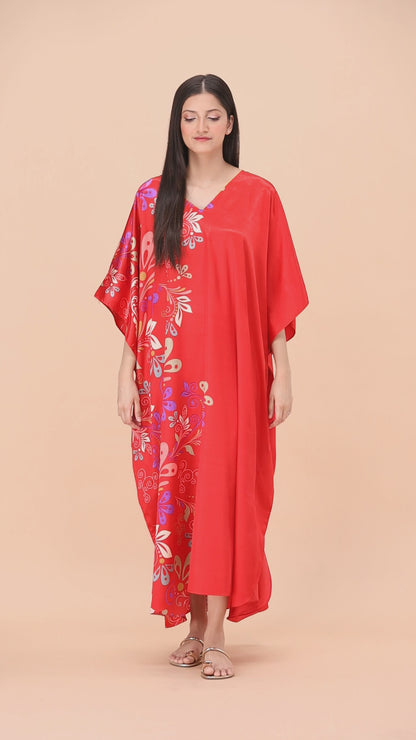 Studio By Arj Women Red printed Silky Satin caftan lounge wear / nightwear