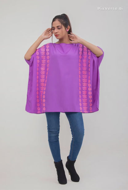 Valerie Purple Floral Embroidered Poncho Top