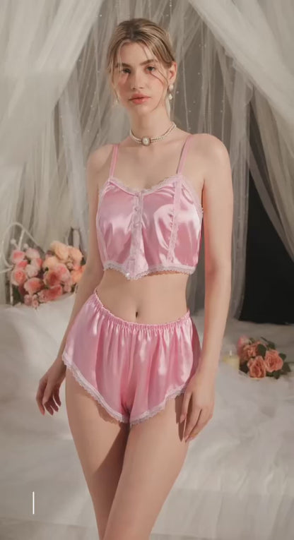 Delicate Allure 2pcs Satin & Satin Lace Patchwork Tie-Up Ruffle Hem Cute & Elegant Camisole + Shorts Women