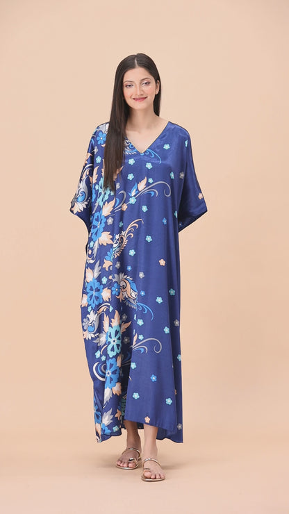 Studio By Arj Women Blue Flower print Silky Satin caftan lounge wear / nightwear