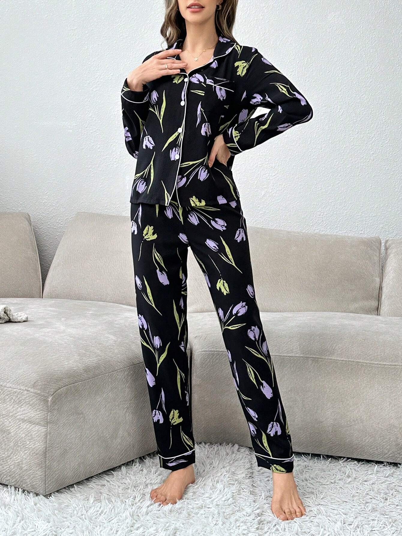 studio by arj Black Flower women nightwear pajama set silky satin pajama set night drees for girls