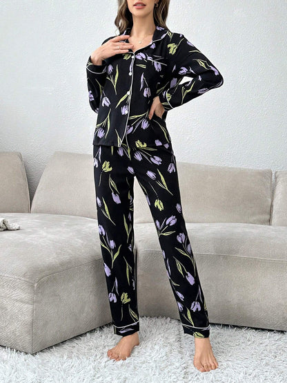 studio by arj Black Flower women nightwear pajama set silky satin pajama set night drees for girls