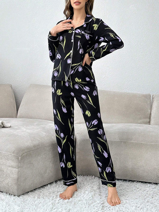 studio by arj Black Flower women nightwear pajama set silky satin pajama set night drees for girls