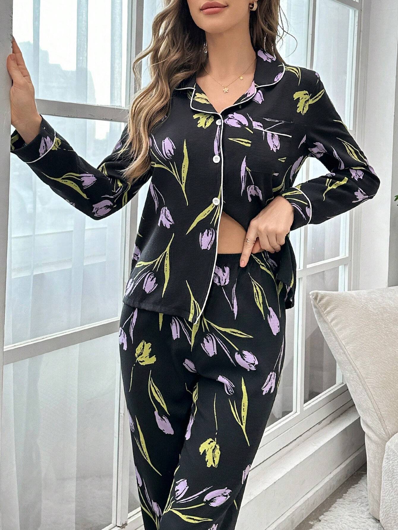 studio by arj Black Flower women nightwear pajama set silky satin pajama set night drees for girls