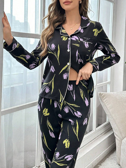studio by arj Black Flower women nightwear pajama set silky satin pajama set night drees for girls