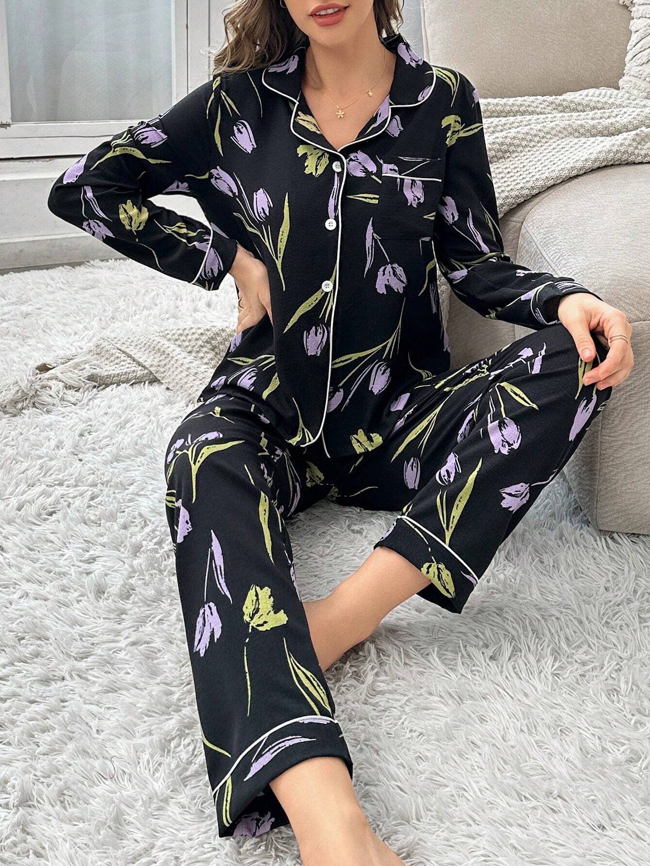 studio by arj Black Flower women nightwear pajama set silky satin pajama set night drees for girls